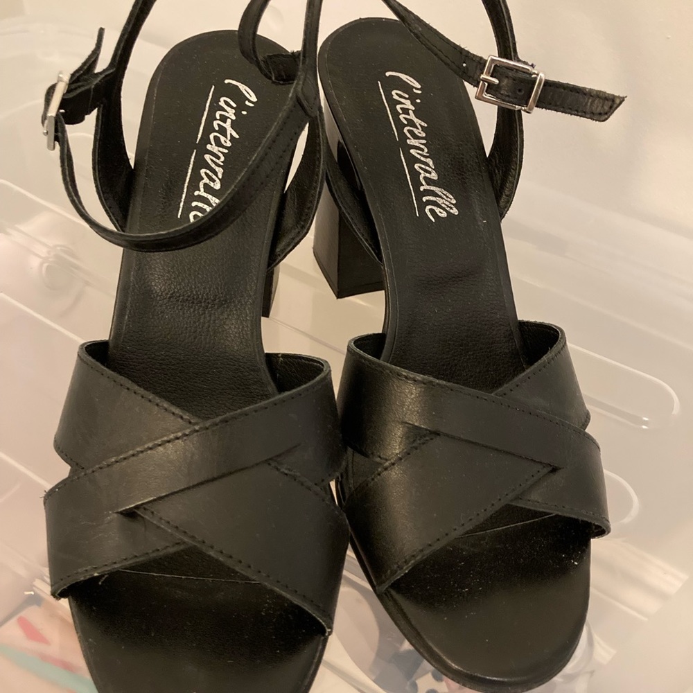 Chunky leather open toed heels